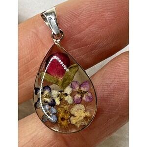 ATI Mexico Real Flowers Pendant Teardrop Sterling Silver Charm Red Pink